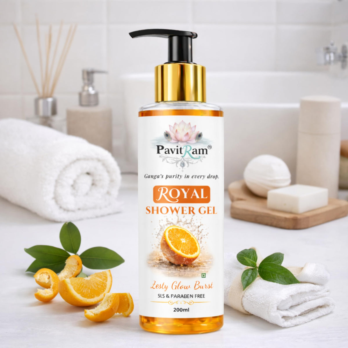 THE PAVITRAM Shower Gel – Zesty Glow Burst Body Wash with Citrus Freshness | Refreshing Daily Cleanser | 200 ml