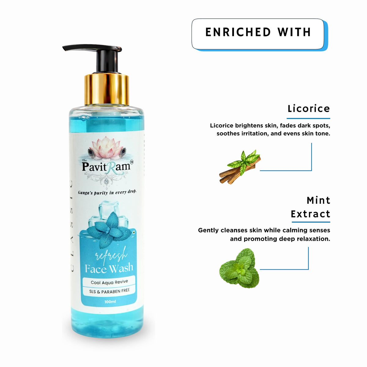 THE PAVITRAM Refresh Face Wash 100ml | Aqua Facial Cleanser | Cool Aqua Revive | Daily Face Wash for Men & Women | Refreshing Skin Care Cleanser