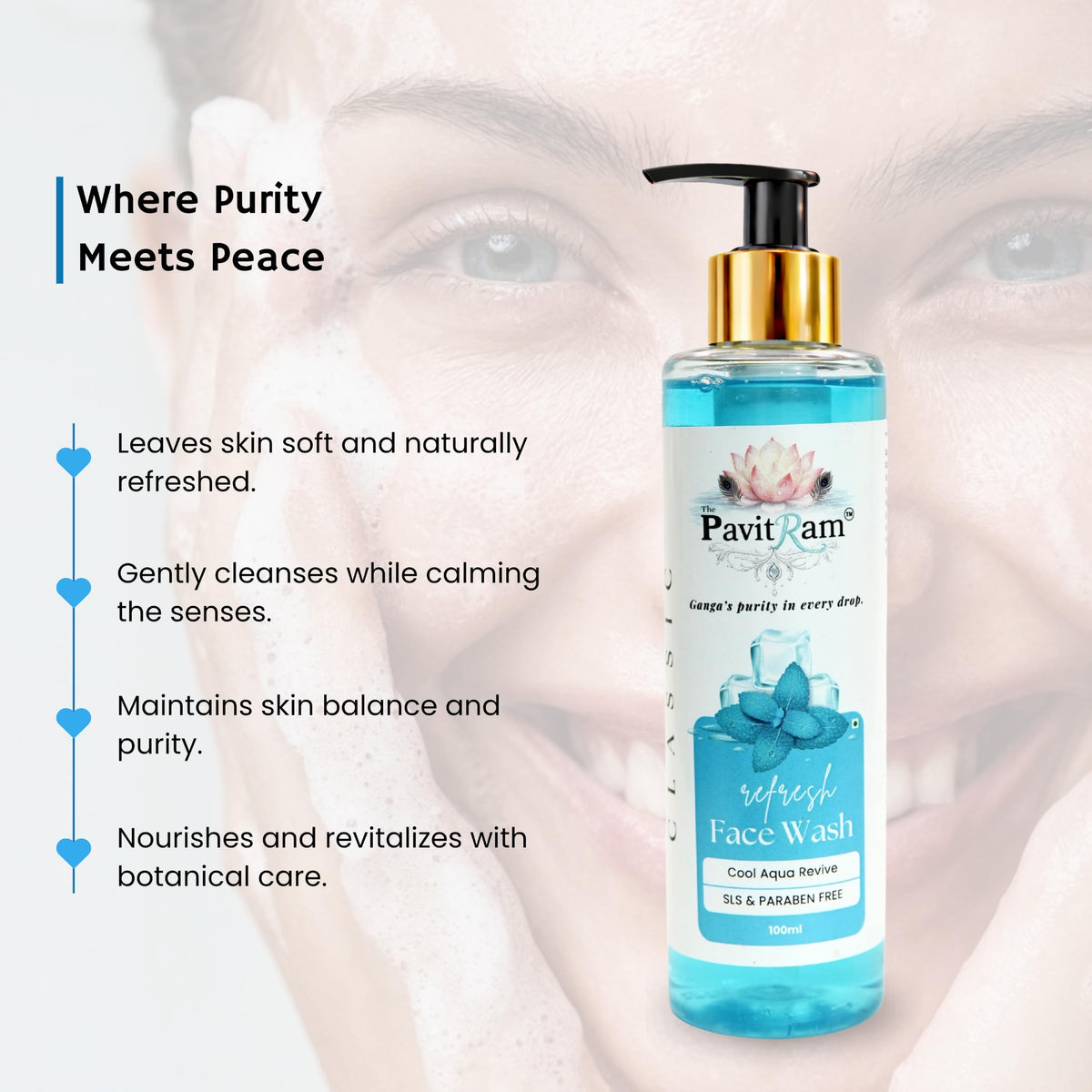 THE PAVITRAM Refresh Face Wash 100ml | Aqua Facial Cleanser | Cool Aqua Revive | Daily Face Wash for Men & Women | Refreshing Skin Care Cleanser