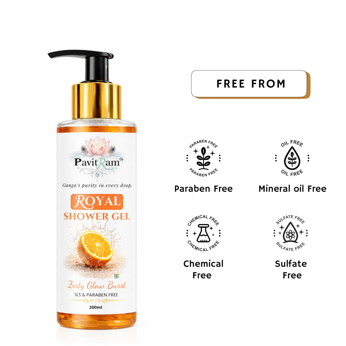 THE PAVITRAM Shower Gel – Zesty Glow Burst Body Wash with Citrus Freshness | Refreshing Daily Cleanser | 200 ml