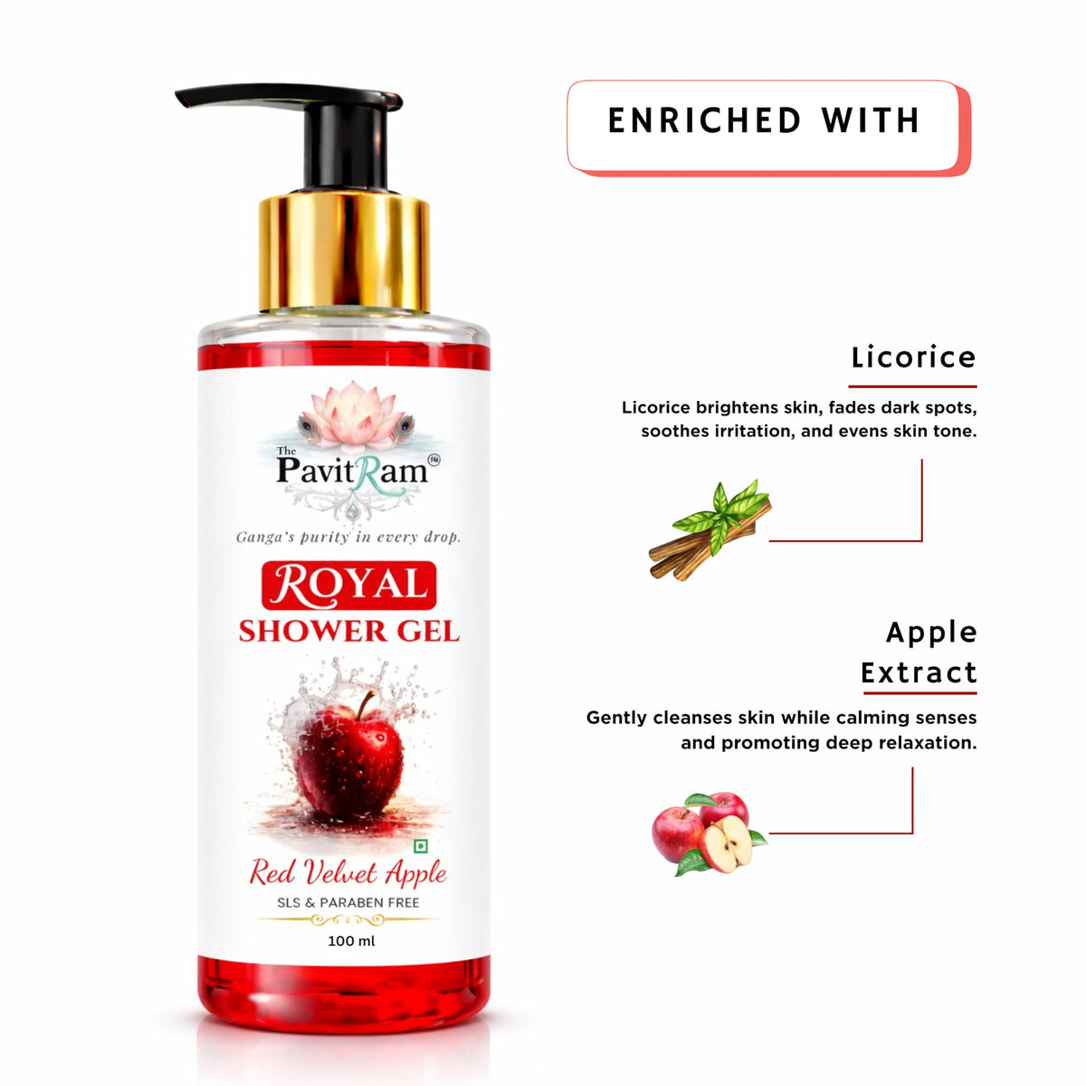 THE PAVITRAM Shower Gel – Red Velvet Apple Body Wash with Fruity Freshness | Gentle Daily Cleanser | Refreshing Apple Fragrance | 100 ml