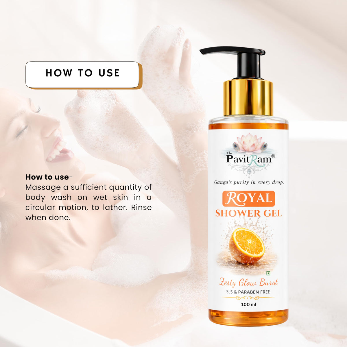 THE PAVITRAM Shower Gel – Zesty Glow Burst Body Wash with Citrus Freshness | Refreshing Daily Cleanser | 100 ml