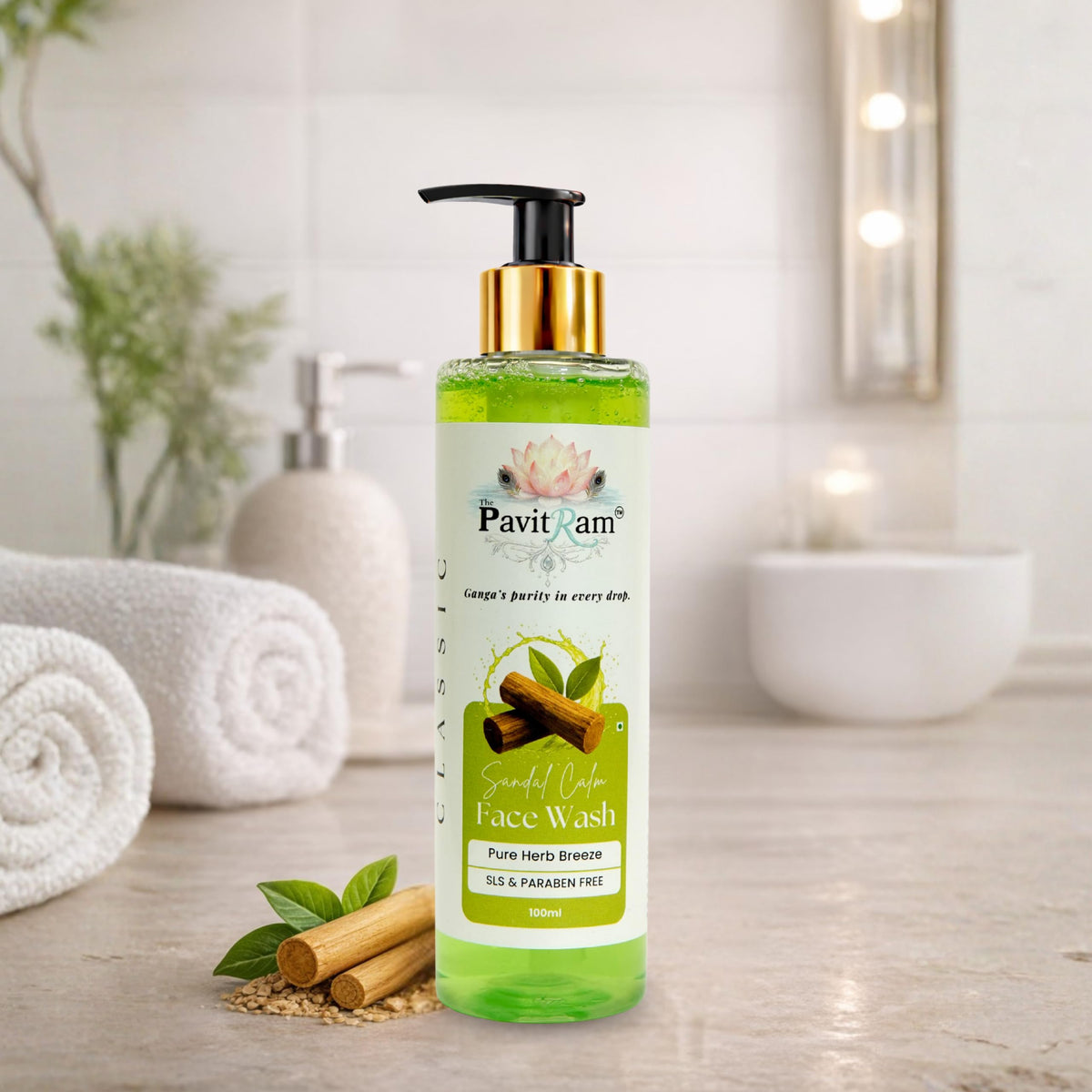 THE PAVITRAM Sandal Calm Face Wash 100ml | Sandalwood Facial Cleanser | Daily Face Wash for Men & Women | Pure Herb Breeze | Fresh Skin Care