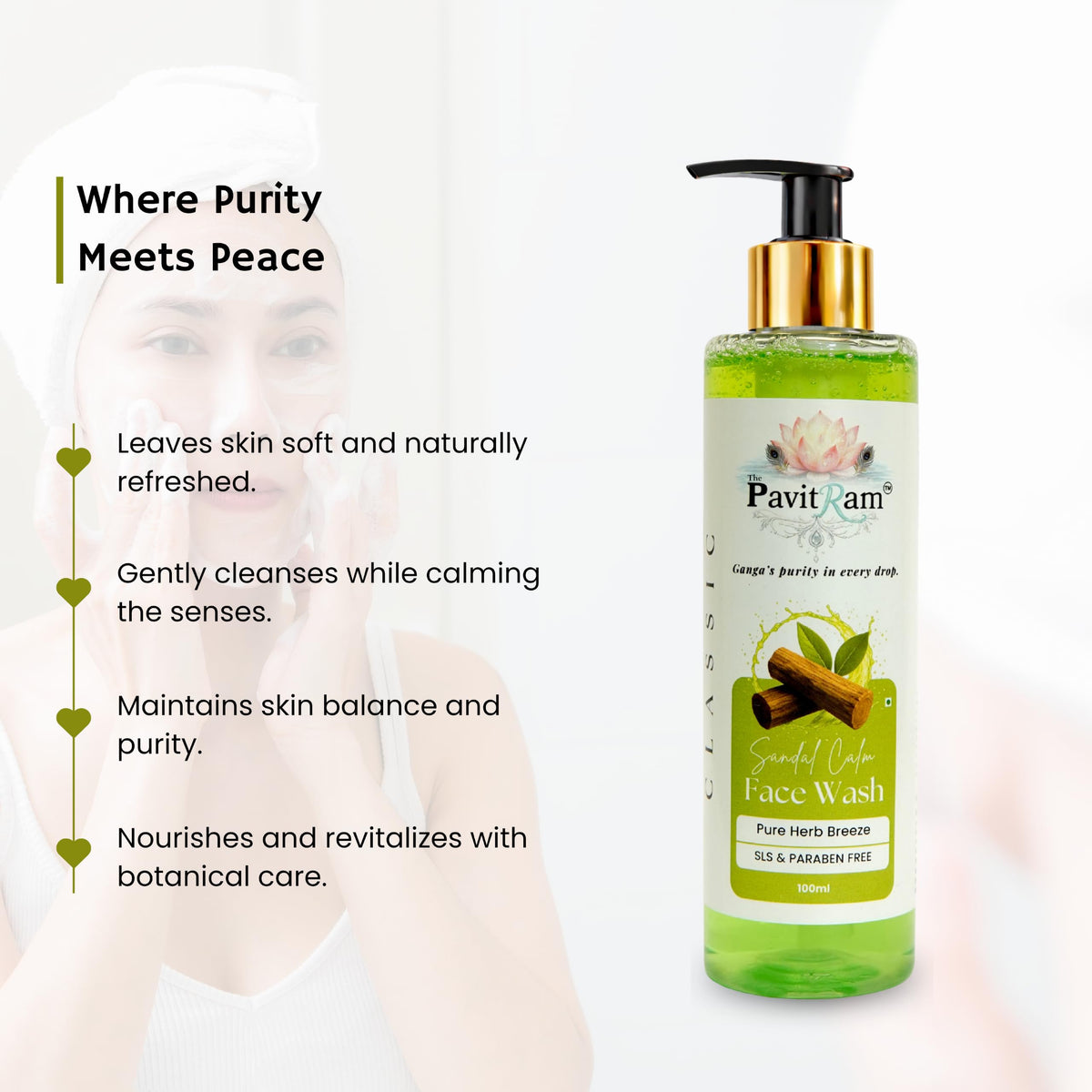 THE PAVITRAM Sandal Calm Face Wash 100ml | Sandalwood Facial Cleanser | Daily Face Wash for Men & Women | Pure Herb Breeze | Fresh Skin Care