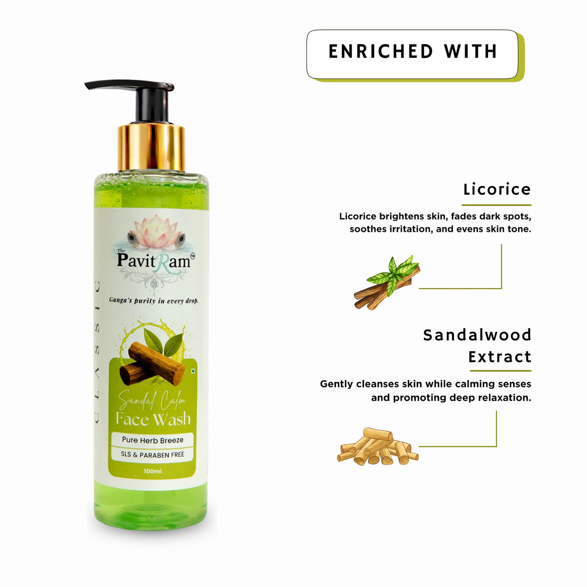 THE PAVITRAM Sandal Calm Face Wash 100ml | Sandalwood Facial Cleanser | Daily Face Wash for Men & Women | Pure Herb Breeze | Fresh Skin Care