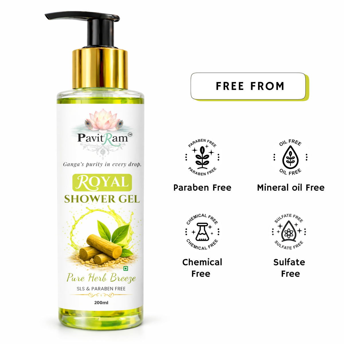 THE PAVITRAM Shower Gel – Pure Herb Breeze Body Wash | Cooling Mint & Herbal Freshness |Refreshing Daily Cleanser | 200 ml