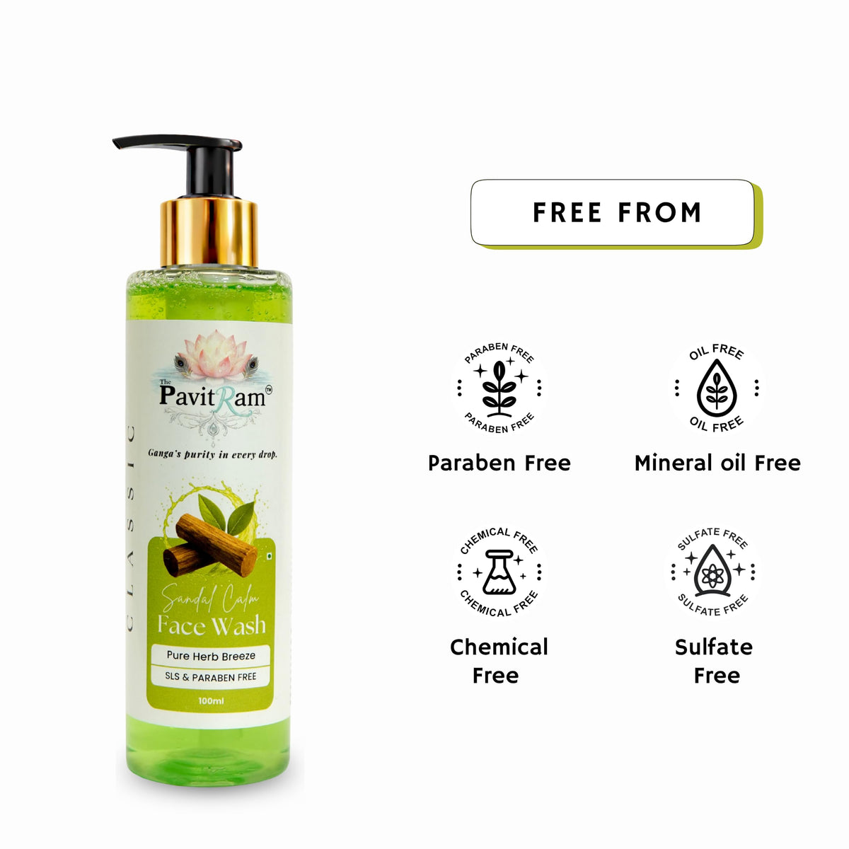 THE PAVITRAM Sandal Calm Face Wash 100ml | Sandalwood Facial Cleanser | Daily Face Wash for Men & Women | Pure Herb Breeze | Fresh Skin Care