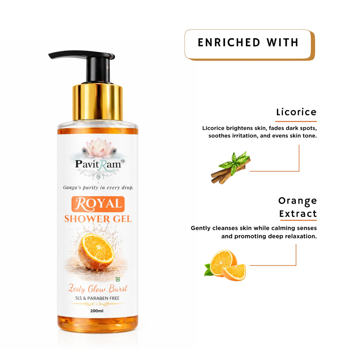 THE PAVITRAM Shower Gel – Zesty Glow Burst Body Wash with Citrus Freshness | Refreshing Daily Cleanser | 200 ml